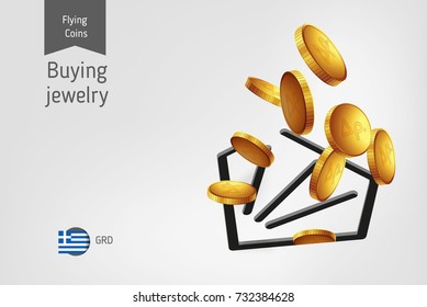 Diamond icon with flying Greek Drachma coins, finance concept. Vector illustration for print, websites, web design, mobile app, infographics.