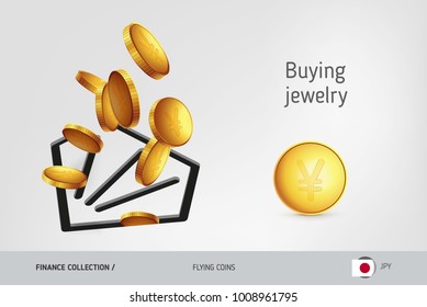 Diamond icon with flying Japanese Yen coins, finance concept. Vector illustration for print, websites, web design, mobile app, infographics.