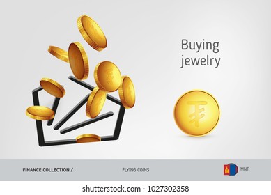 Diamond icon with flying Mongolian Tughrik coins, finance concept. Vector illustration for print, websites, web design, mobile app, infographics.