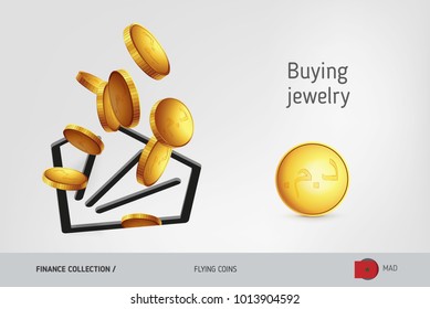 Diamond icon with flying Moroccan Dirham coins, finance concept. Vector illustration for print, websites, web design, mobile app, infographics.