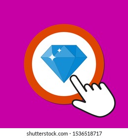 Diamond icon. Gift, treasure concept. Hand Mouse Cursor Clicks the Button. Pointer Push Press