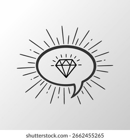 Diamond icon in hand drawn speech bubble with sunburst effect