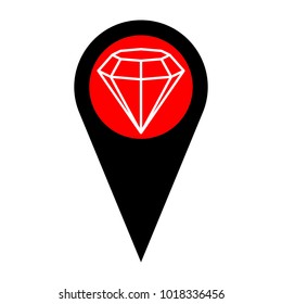 Diamond icon illustration. Vector. Flat white icon in red circle at black marker on white background. Isolated.