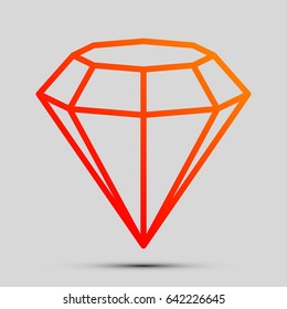 Diamond icon illustration. Vector. Orange, red-yellow icon with shadow on gray background.