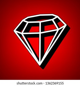 Diamond icon illustration. Vector. Perspective view of white icon with black outline at reddish background.