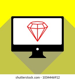 Diamond icon illustration. Vector. Red icon on white monitor of black all-in-one desktop computer with two shadows at yellow background.