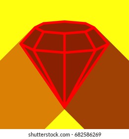 Diamond icon illustration. Vector. Red icon with two flat reddish shadows on yellow background.