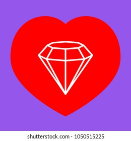 Diamond icon illustration. Vector. White icon in red heart at lavender background.