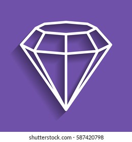 Diamond icon illustration. Vector. White icon with soft shadow on grape violet background.