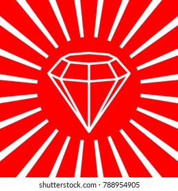 Diamond icon illustration. Vector. White icon on red sun with rays as background. Isolated.