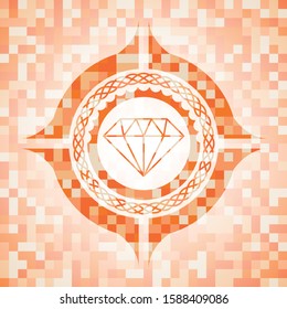 diamond icon inside abstract emblem, orange mosaic background
