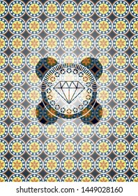 diamond icon inside arabic badge. Arabesque decoration.