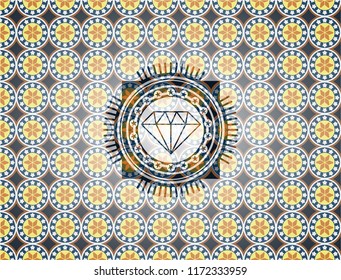 diamond icon inside arabic style emblem. Arabesque decoration.