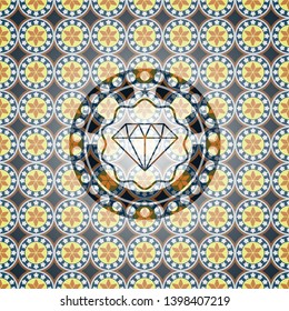 diamond icon inside arabic style badge. Arabesque decoration.