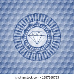 diamond icon inside blue badge with geometric pattern.