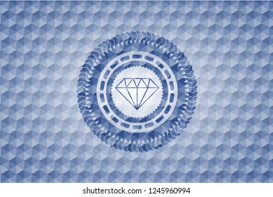 diamond icon inside blue emblem with geometric pattern.