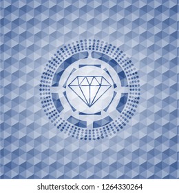 diamond icon inside blue emblem or badge with abstract geometric polygonal pattern background.