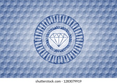 diamond icon inside blue emblem with geometric background.