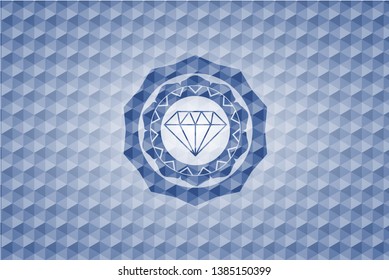 diamond icon inside blue emblem or badge with abstract geometric polygonal pattern background.