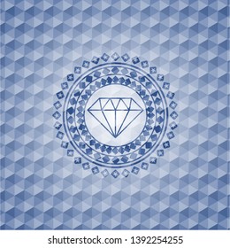 diamond icon inside blue emblem with geometric pattern.
