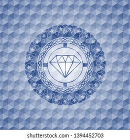 diamond icon inside blue emblem or badge with geometric pattern background.