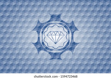 diamond icon inside blue emblem with geometric background.