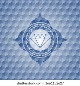 diamond icon inside blue emblem with geometric pattern background.