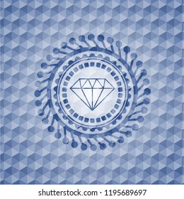 diamond icon inside blue polygonal emblem.