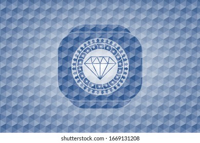 diamond icon inside blue polygonal emblem.