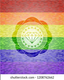 diamond icon inside emblem on mosaic background with the colors of the LGBT flag