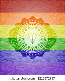 diamond icon inside emblem on mosaic background with the colors of the LGBT flag