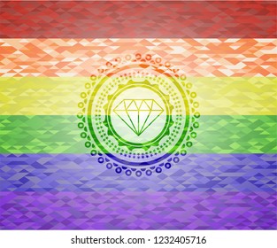 diamond icon inside emblem on mosaic background with the colors of the LGBT flag