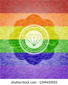 diamond icon inside emblem on mosaic background with the colors of the LGBT flag
