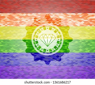 diamond icon inside emblem on mosaic background with the colors of the LGBT flag