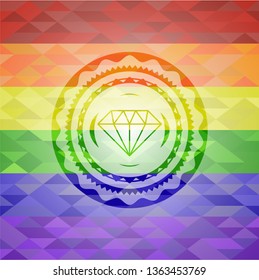 diamond icon inside emblem on mosaic background with the colors of the LGBT flag