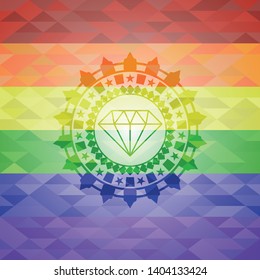 diamond icon inside emblem on mosaic background with the colors of the LGBT flag