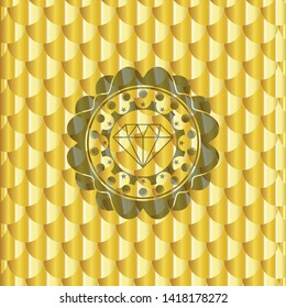 diamond icon inside gold badge. Scales pattern. Vector Illustration. Detailed.