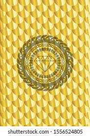 diamond icon inside gold badge or emblem. Scales pattern. Vector Illustration. Detailed.