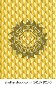 diamond icon inside gold shiny badge. Scales pattern. Vector Illustration. Detailed.