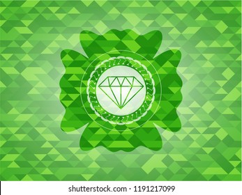 diamond icon inside green emblem with mosaic ecological style background