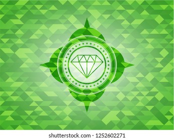 diamond icon inside green emblem with triangle mosaic background