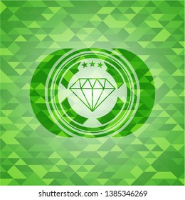 diamond icon inside green emblem. Mosaic background