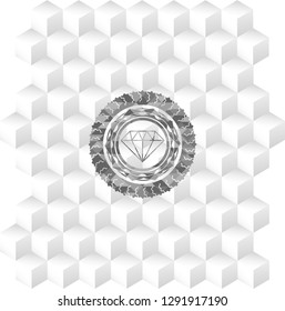 diamond icon inside grey badge with geometric cube white background