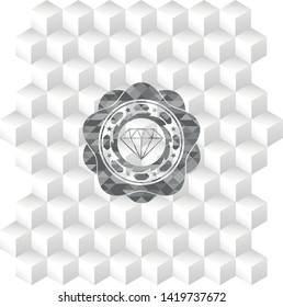 diamond icon inside grey badge with geometric cube white background