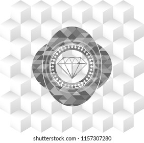 diamond icon inside grey emblem. Retro with geometric cube white background