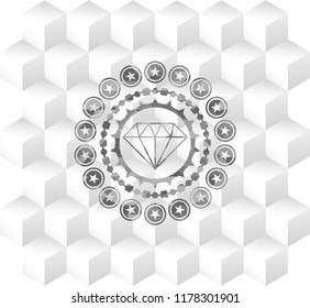diamond icon inside grey emblem with geometric cube white background