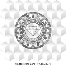 diamond icon inside grey emblem. Vintage with geometric cube white background