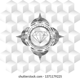 diamond icon inside grey emblem with geometric cube white background