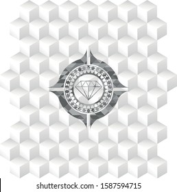 diamond icon inside grey emblem with cube white background