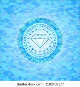 diamond icon inside light blue emblem with mosaic background